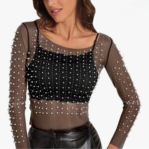 Elegant Black Sheer Pearl Embellished Top (Jr’s XL)